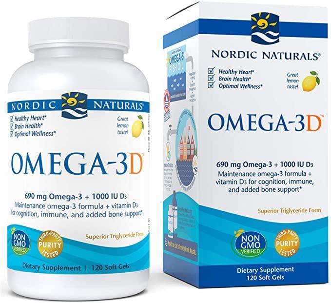 Nordic Naturals Omega-3D, Lemon Flavor - 690 mg Omega-3 + 1000 IU Vitamin D3-120 Soft Gels - Fish Oil - EPA &amp; DHA - Immune Support, Brain &amp; Heart Health, Healthy Bones - Non-GMO - 60 Servings - Discount Nutrition Store