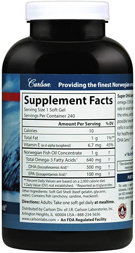 Carlson Super DHA Gems - 500 mg DHA Supplements, 640 mg Fatty Acids, Norwegian Fish Oil Concentrate, Wild-Caught, Sustainably Sourced Fish Oil Capsules, 240 Softgels