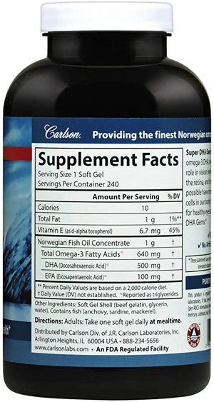 Carlson - Super DHA Gems, 1000 mg DHA Supplements, 640 mg Fatty Acids, Norwegian Fish Oil Concentrate, Wild-Caught, Sustainably Sourced Fish Oil Capsules, 240 Softgels