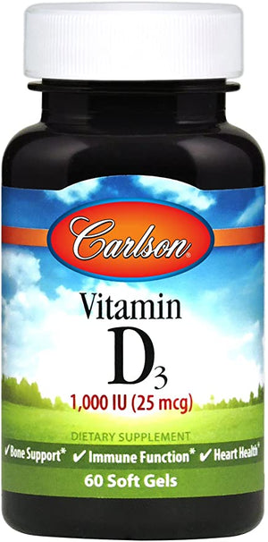 Carlson - Vitamin D3, 1000 IU (25 mcg), Immune Support, Bone Health, Muscle Health, Cholecalciferol, Vitamin D Supplements, Vitamin D3 Soft Gels, 60 Softgels