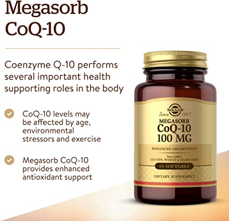 Solgar Megasorb CoQ-10 100 mg, 60 Softgels - Supports Healthy Aging - Coenzyme Q10 Supplement - Enhanced Absorption - Non-GMO, Gluten Free, Dairy Free - 60 Servings