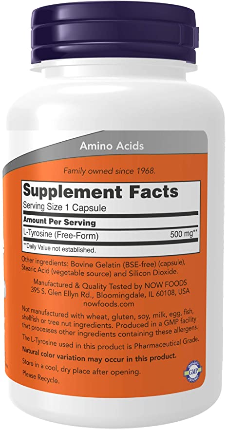 NOW Foods Supplements, L-Tyrosine 500 mg, Supports Mental Alertness*, Neurotransmitter Support*, 120 Capsules