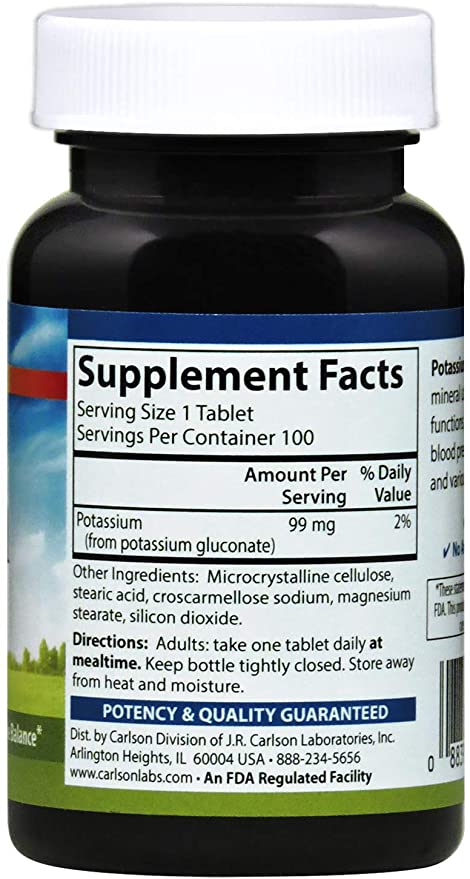 Carlson - Potassium, 99 mg, Promotes Nerve Health &amp; Muscle Function, 100 Tablets