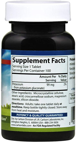 Carlson - Potassium, 99 mg, Promotes Nerve Health & Muscle Function, 100 Tablets