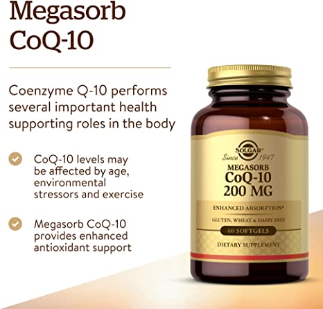 Solgar Megasorb CoQ-10 200 mg, 60 Softgels - Supports Heart &amp; Brain Function - Coenzyme Q10 Supplement - Enhanced Absorption - Gluten Free, Dairy Free - 60 Servings