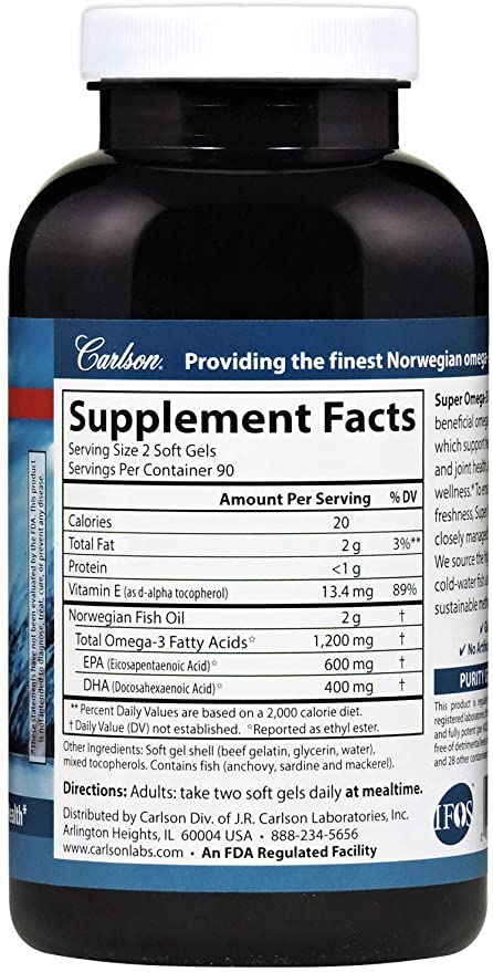 Carlson - Super Omega-3 Gems, 1200 mg Omega-3s, Cardiovascular Support, Brain Function &amp; Vision Health, 180 soft gels