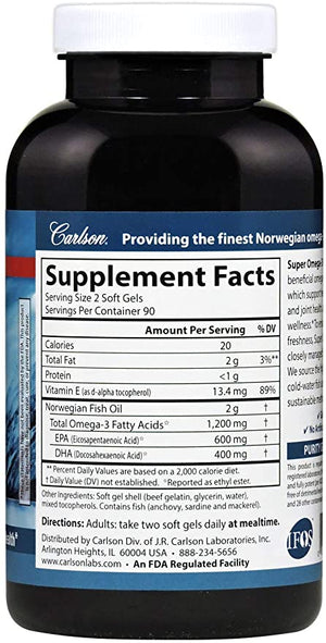 Carlson - Super Omega-3 Gems, 1200 mg Omega-3s, Cardiovascular Support, Brain Function & Vision Health, 180 soft gels