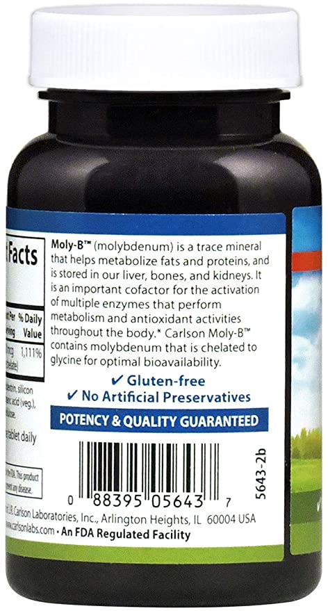 Carlson - Moly-B, Chelated Molybdenum Supplements, Metabolism Support &amp; Enzyme Activation, Molybdenum Glycinate Chelate, 300 Vegetarian Tablets