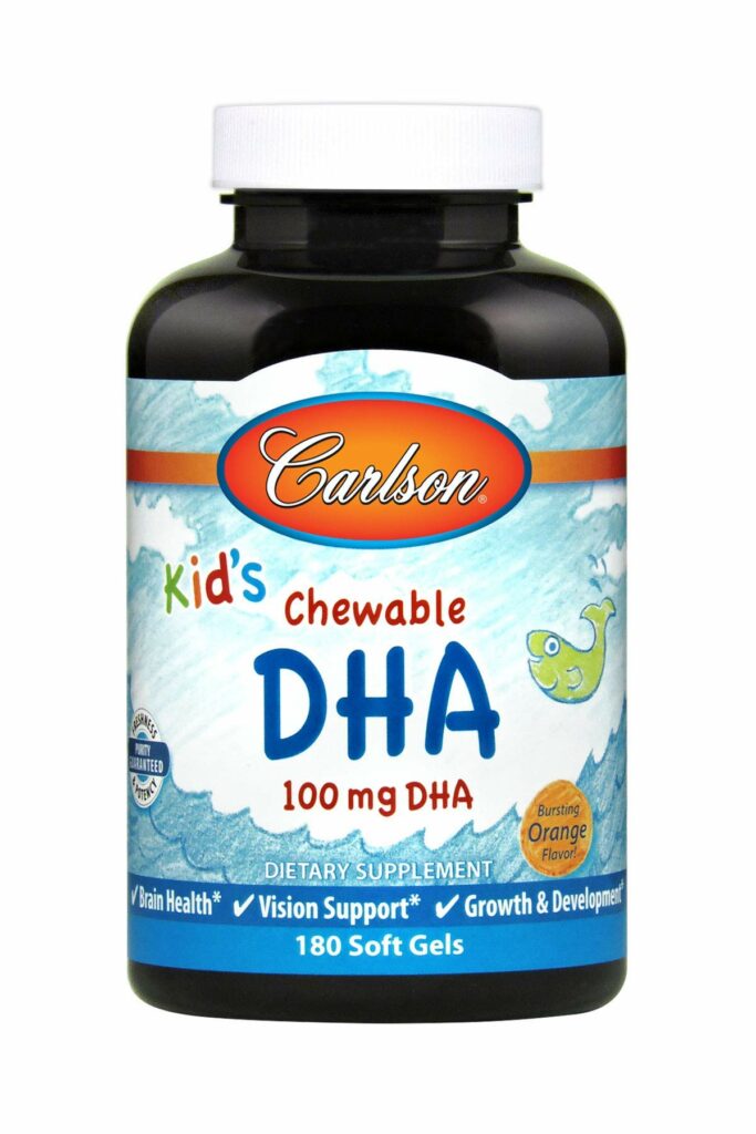 Carlson - Kid&#39;s Chewable DHA, 100 mg DHA, Brain Health, Vision Function, Growth &amp; Development, Orange, 180 Chewable Softgels