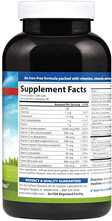 Carlson - Super 2 Daily, Multi + Omega-3s + Lutein + D3, Supports Maintenance of Good Health, 180 Soft gels