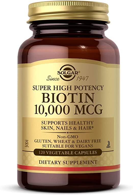 Solgar Biotin 10000 mcg Vegetable Capsules Energy Metabolism Promotes Healthy Skin Nails Hair Super High Potency NonGMO Vegan Gluten Free Dairy Free Kosher Servings, Standard Packaging, Unflavored, 120 Count