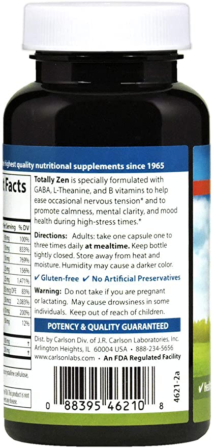 Carlson - Totally Zen, GABA, L-Theanine &amp; B Vitamins, Healthy Mood, Promotes Calmness &amp; Mental Clarity, 60 Capsules