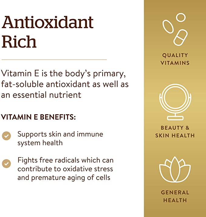 Solgar Vitamin E 670 mg (1000 IU), 100 Mixed Softgels - Natural Antioxidant, Skin &amp; Immune System Support - Naturally-Sourced Vitamin E - Gluten Free, Dairy Free - 100 Servings