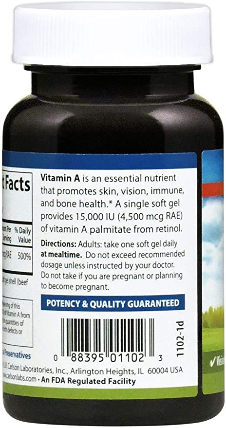 Carlson - Vitamin A, 15000 IU Palmitate (4500 mcg RAE), Vision Health &amp; Healthy Skin, Immune Function, 240 Softgels