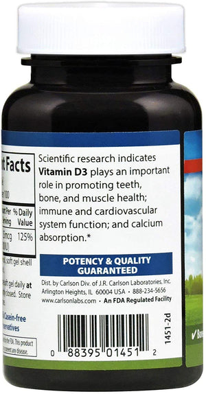 Carlson - Vitamin D3, 1000 IU (25 mcg), Immune Support, Bone Health, Muscle Health, Cholecalciferol, Vitamin D Supplements, Vitamin D3 Soft Gels, 100 Softgels