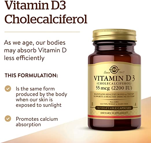 Solgar Vitamin D3 (Cholecalciferol) 55 mcg (2200 IU), 100 Vegetable Capsules - Helps Maintain Healthy Bones &amp; Teeth - Immune System Support - Non-GMO, Gluten Free, Dairy Free, Kosher - 100 Servings