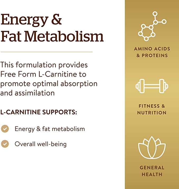 Solgar L-Carnitine 500 mg - 60 Tablets - Non-GMO, Vegan, Gluten Free, Dairy Free, Kosher - 30 Servings