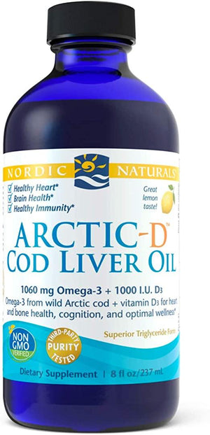 Nordic Naturals Arctic-D Cod Liver Oil, Lemon - 8 oz - 1060 mg Total Omega-3s + 1000 IU Vitamin D3 - EPA & DHA - Heart, Brain, Bone, Immune & Mood Support - Non-GMO - 48 Servings - Discount Nutrition Store