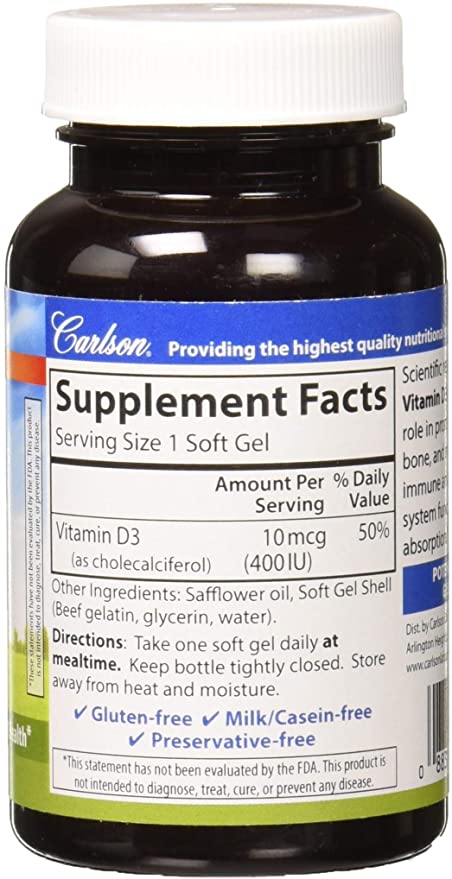 Carlson - Vitamin D3, 400 IU, Bone Support, Immune Function &amp; Heart Health, 100 soft gels