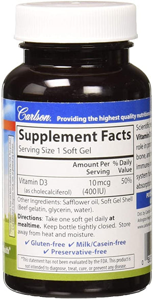 Carlson - Vitamin D3, 400 IU, Bone Support, Immune Function & Heart Health, 100 soft gels