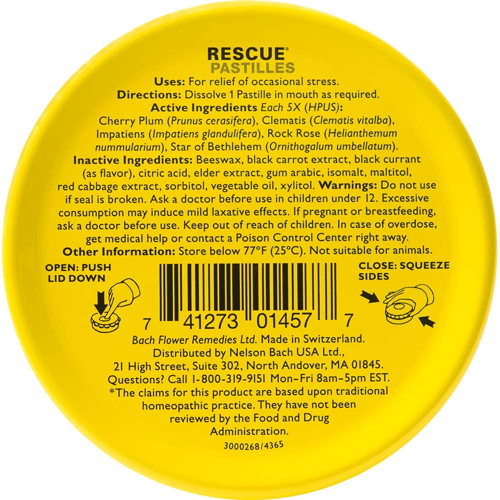 Bach RESCUE PASTILLES, Black Currant Flavor, Natural Stress Relief Lozenges, Homeopathic Flower Essence, Vegetarian, Gluten And Sugar-Free, 35 Count