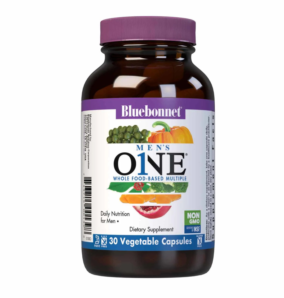 Bluebonnet Nutrition One for Men Whole Food-Based Multiple, Daily Nutrition*, Non-GMO, Vegetarian Friendly, Kosher, Gluten-Free, Soy-Free, Dairy-Free, Iron Free, 30 Vegetable Capsules, 30 Servings