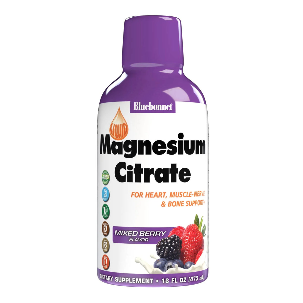 Bluebonnet Nutrition Magnesium Citrate 420 mg - Calm Mind &amp; Body* – Supports Heart, Muscle &amp; Sleep* - Non-GMO, Vegan, Kosher, Gluten-Free, Soy-Free, Milk-Free - 16 FL OZ, Mixed Berry Flavor