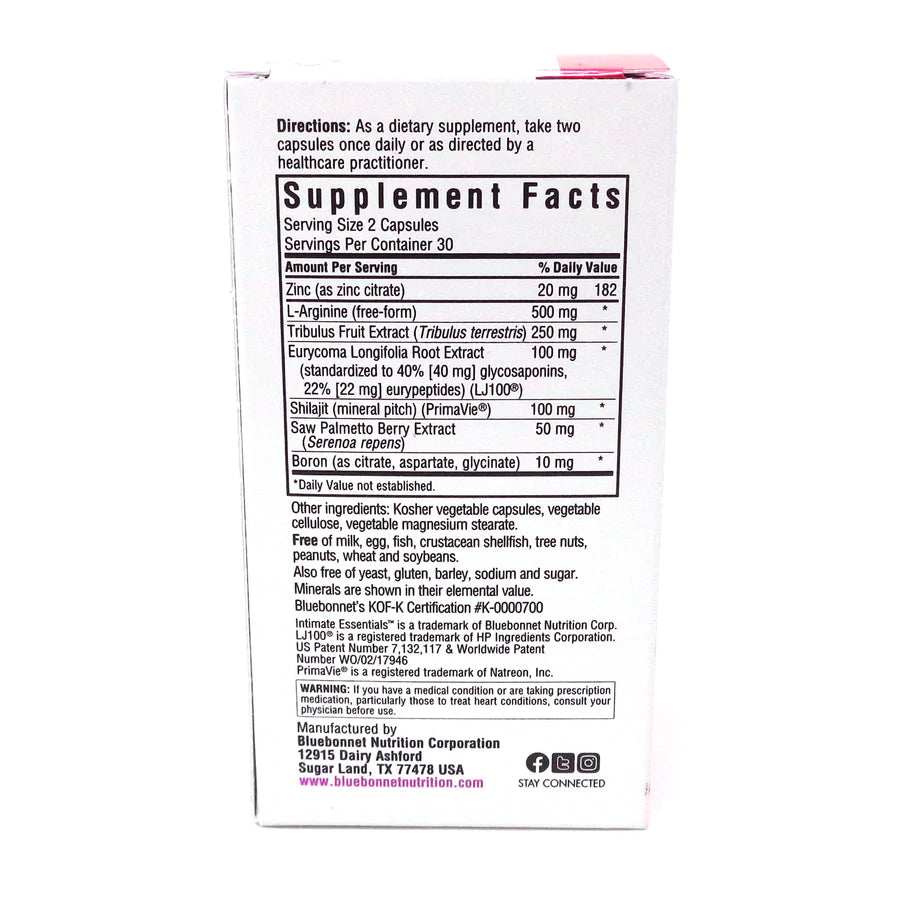 Bluebonnet Nutrition Intimate Essentials for Him, Testosterone &amp; Libido Boost*, on-GMO, Vegan, Kosher Certified, Gluten-Free, Soy-Free, Milk-Free, 60 Vegetable Capsules, 30 Servings