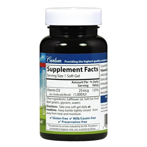 Carlson - Vitamin D3, 1000 IU (25 mcg), Bone Health, Muscle Health, Cholecalciferol, Vitamin D Supplements, Vitamin D3 Soft Gels, 100 Softgels