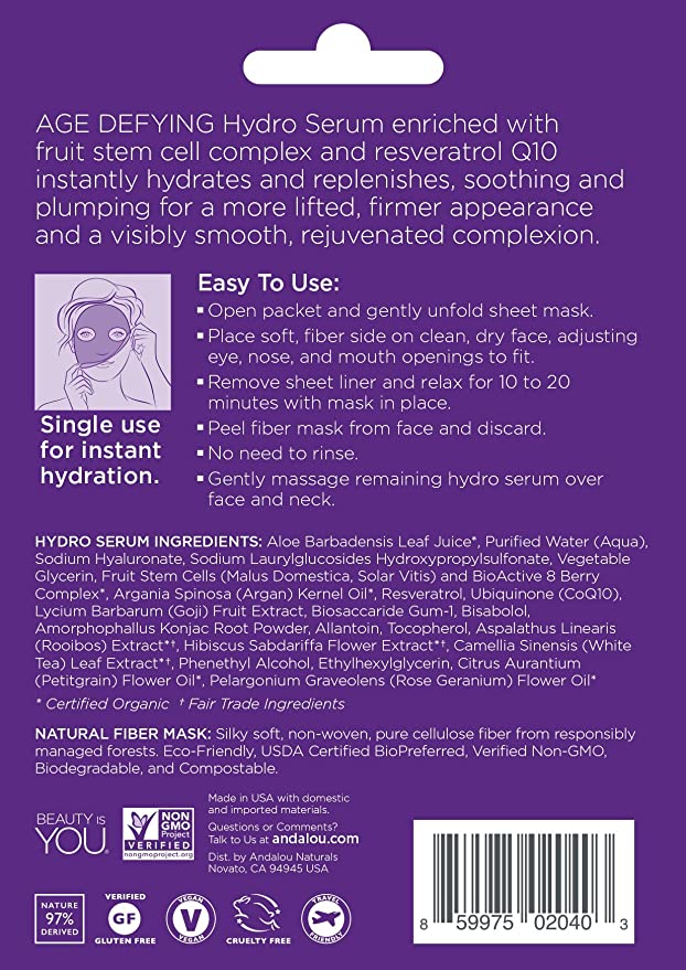 Andalou Naturals Lift &amp; Firm Hydro Serum Facial Sheet Mask, 0.6 fl oz