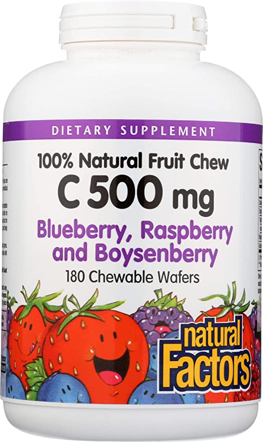 Natural Factors 100% Natural Fruit Chew C Blueberry Raspberry and Boysenberry, 500 mg, 180 Chewable Wafers