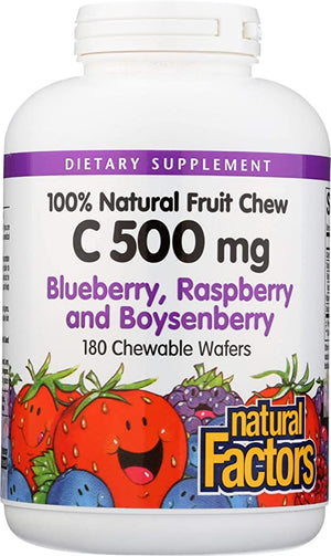 Natural Factors 100% Natural Fruit Chew C Blueberry Raspberry and Boysenberry, 500 mg, 180 Chewable Wafers