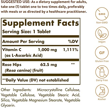 Solgar Vitamin C 1000 mg with Rose Hips, 250 Tablets - Antioxidant &amp; Immune Support - Overall Health - Supports Healthy Skin &amp; Joints - Non GMO, Vegan, Gluten Free, Dairy Free, Kosher - 250 Servings
