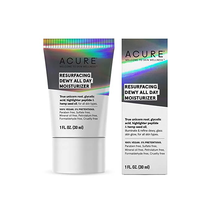 ACURE Resurfacing Dewy All Day Moisturizer | 100% Vegan | Illuminating Dewy Glow | True Unicorn Root, Glycolic Acid & Hemp Seed Oil | Omega Fatty Acids & Antioxidant Rich | All Skin Types | 1 Fl Oz