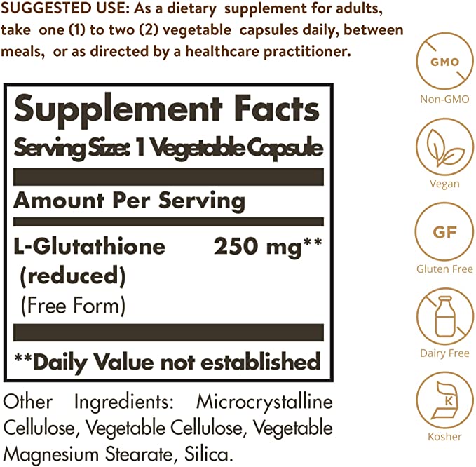 Solgar Reduced L-Glutathione 250 mg - 60 Vegetable Capsules - Antioxidant Support - Non-GMO, Vegan, Gluten Free, Dairy Free, Kosher - 60 Servings
