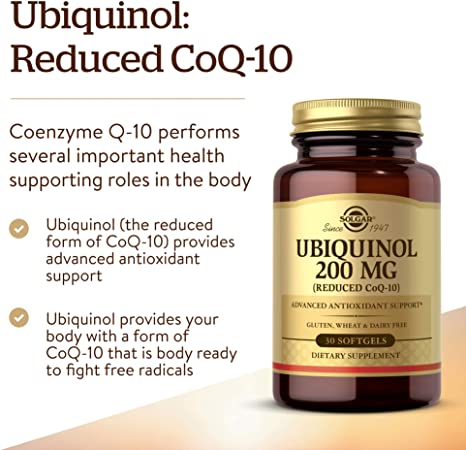 Solgar Ubiquinol 200 mg (Reduced CoQ-10), 30 Softgels - Promotes Heart &amp; Brain Function - Supports Healthy Aging - Coenzyme Q10 - Ubiquinone Supplement - Gluten Free, Dairy Free - 30 Servings , Unflavoured, standard