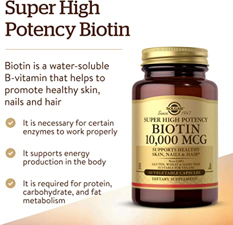 Solgar Biotin 10,000 mcg, 60 Vegetable Capsules - Energy, Metabolism, Promotes Healthy Skin, Nails &amp; Hair - Super High Potency - Non-GMO, Vegan, Gluten Free, Dairy Free, Kosher - 60 Servings
