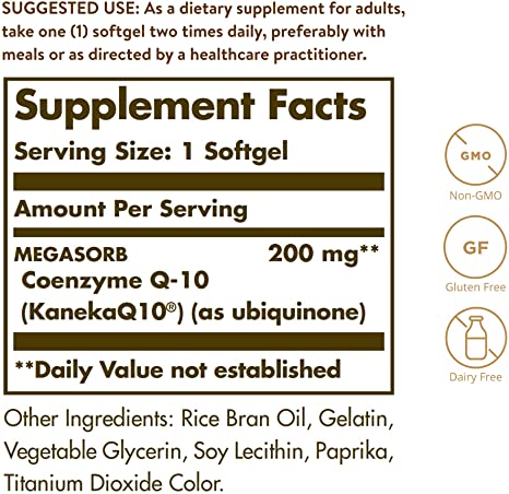 Solgar Megasorb CoQ-10 200 mg, 60 Softgels - Supports Heart &amp; Brain Function - Coenzyme Q10 Supplement - Enhanced Absorption - Gluten Free, Dairy Free - 60 Servings