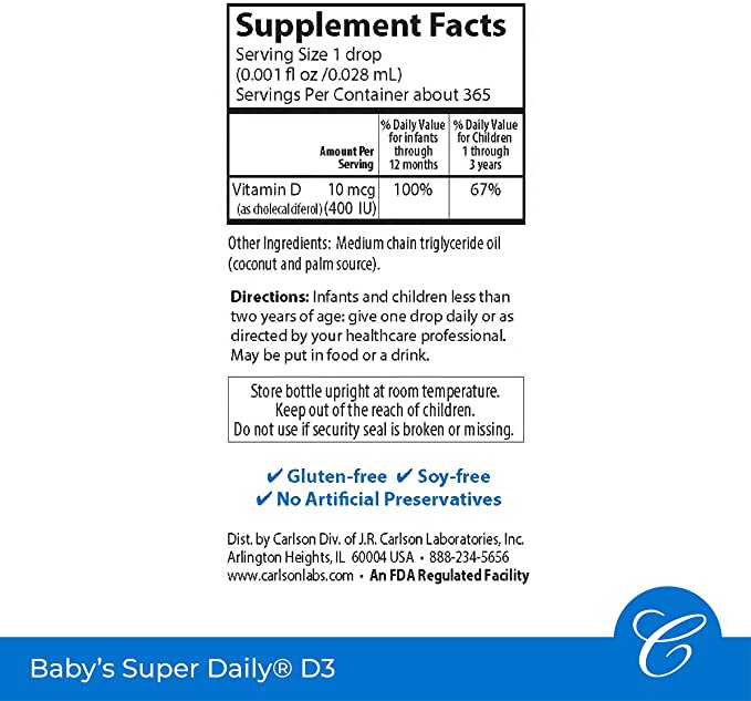 Carlson - Baby's Super Daily D3, Baby Vitamin D Drops, 400 IU (10 mcg) per Drop, 1-Year Supply, Vegetarian, Liquid Vitamin D Drops for Infants and Toddlers, Unflavored, 365 Drops