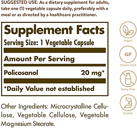 Solgar Policosanol 20 mg, 100 Vegetable Capsules - Supports Heart Health - General Wellness - Vegan, Gluten Free, Dairy Free, Kosher - 100 Servings