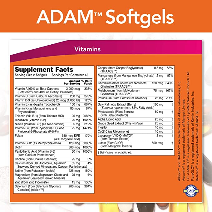 NOW Supplements, ADAM Men&#39;s Multivitamin with Saw Palmetto, Plant Sterols, Lycopene &amp; CoQ10, 90 Softgels