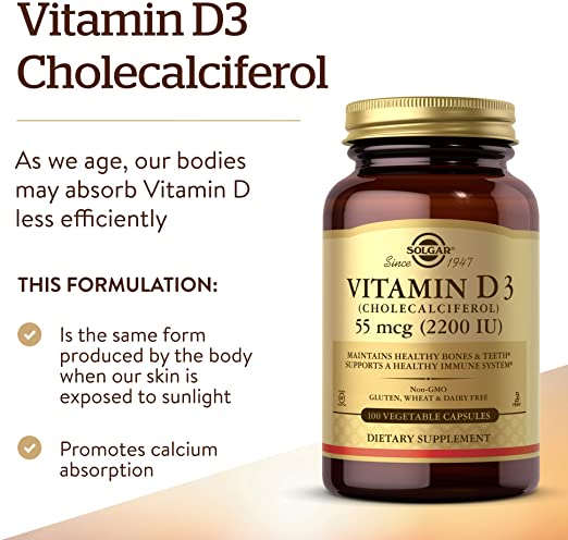 Solgar Vitamin D3 (Cholecalciferol) 55 mcg (2200 IU), 100 Vegetable Capsules - Helps Maintain Healthy Bones &amp; Teeth - Immune System Support - Non-GMO, Gluten Free, Dairy Free, Kosher - 100 Servings