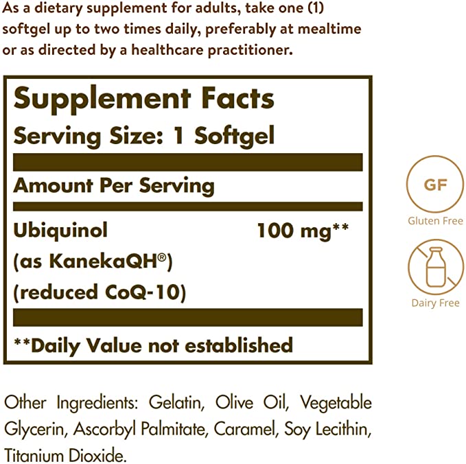Solgar Ubiquinol 100 mg, 50 Softgels - Advanced Antioxidant Support - Reduced Coenzyme Q10 (CoQ-10) - Gluten Free, Dairy Free - 50 Servings, Standard Packaging
