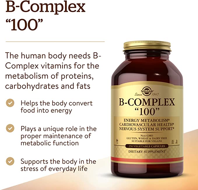 Solgar B-Complex &quot;100&quot;, 250 Vegetable Capsules - Nervous System Support - Supports Energy Metabolism - Non-GMO, Vegan, Gluten Free, Dairy Free, Kosher - 250 Serving