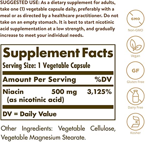 Solgar Niacin (Vitamin B3) 500 mg, 250 Vegetable Capsules - Cardiovascular Support - Energy Metabolism - Non-GMO, Vegan, Gluten Free, Dairy Free, Kosher - 250 Servings