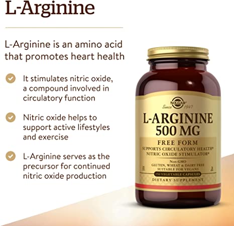 Solgar L-Arginine 500 mg - 250 Vegetable Capsules - Nitric Oxide Stimulator - Non-GMO, Vegan, Gluten Free, Dairy Free, Kosher - 250 Servings
