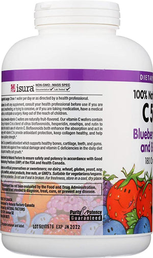 Natural Factors 100% Natural Fruit Chew C Blueberry Raspberry and Boysenberry, 500 mg, 180 Chewable Wafers