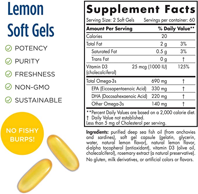 Nordic Naturals Omega-3D, Lemon Flavor - 120 Soft Gels - 690 mg Omega-3 + 1000 IU Vitamin D3 - Fish Oil - EPA &amp; DHA - Immune Support, Brain &amp; Heart Health, Healthy Bones - Non-GMO - 60 Servings