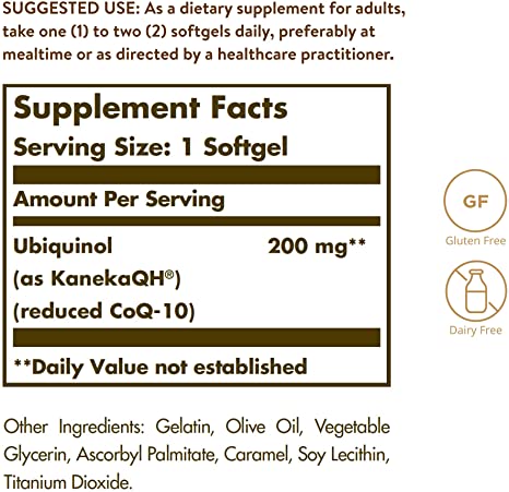 Solgar Ubiquinol 200 mg (Reduced CoQ-10), 30 Softgels - Promotes Heart &amp; Brain Function - Supports Healthy Aging - Coenzyme Q10 - Ubiquinone Supplement - Gluten Free, Dairy Free - 30 Servings , Unflavoured, standard