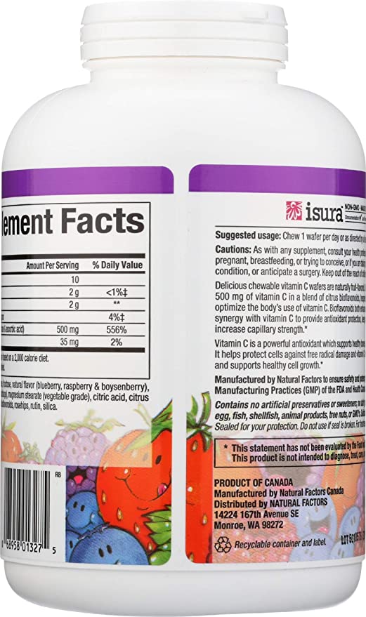 Natural Factors 100% Natural Fruit Chew C Blueberry Raspberry and Boysenberry, 500 mg, 180 Chewable Wafers